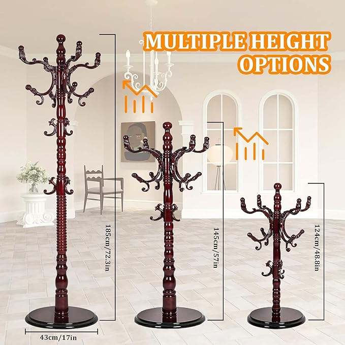 Modern Wooden Coat Rack Heavy Duty Solid Wood Freestanding Coat Racks Stand Adjustable Height 37.4’’-72.83’’ with 14 Hooks and Sturdy Round Base Coat Tree for Living Room, Bedroom
