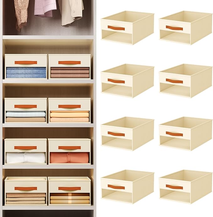 Drawer Organizers and Storage - 8 Pack Foldable Pants Organizer with Clear Window & Handles, Fabric Closet Organizer for Clothes, Jeans, Sweaters, Towels, T-shirt, Scarf (Beige)