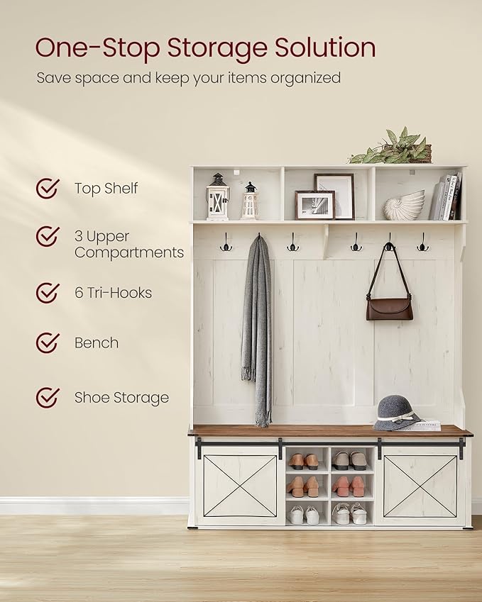 VASAGLE Hall Tree with Bench and Shoe Storage, Coat Rack with Shoe Bench, Entryway Furniture, 6 Tri-Hooks, Sliding Door, Farmhouse Style, Space Saving, Rustic White and Honey Brown UHSR443W01