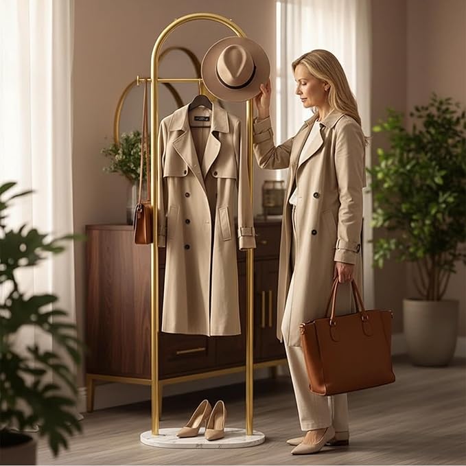 Gold Clothing Rack With Shelves, Modern Coat Rack Freestanding with Marble Base,Heavy Duty Clothes Racks for Boutiques,Metal Garment Rack suitable for Entryway Hallway, Office or Bedroom