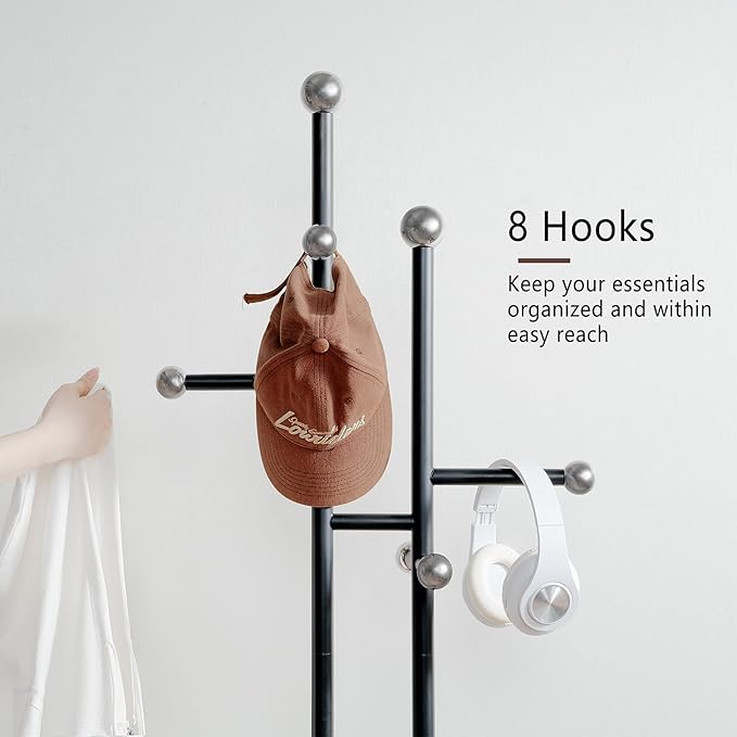 Coat Rack Freestanding with Marble Base, Heavy Duty Metal Clothes Rack, Corner Coat Tree Hat Rack for Entryway Bedroom Living Room Hotel 14.96 x 10.24 x 68.9 Inches (Black)