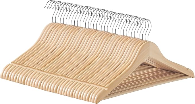 SONGMICS Wooden Hangers, Pack of 36, Coat Hangers, Non-Slip, Pants Bar, 360° Swivel Hooks, for Jackets, Shirts, Coats, Natural Wood UCRW010N36