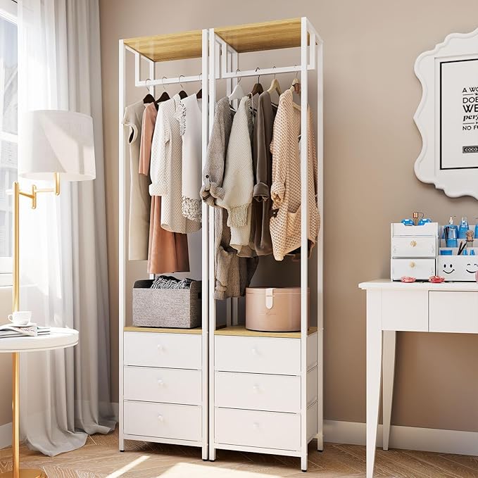 YMYNY Garment Rack, Clothes Rack with Drawers, Freestanding Tall Closet Organizer with 3 Fabric Drawers, Clothes Stand for Hanging Shirts, Coat,15.35" L×11.41" W×70.47" H Wood Color&White UHGR001R