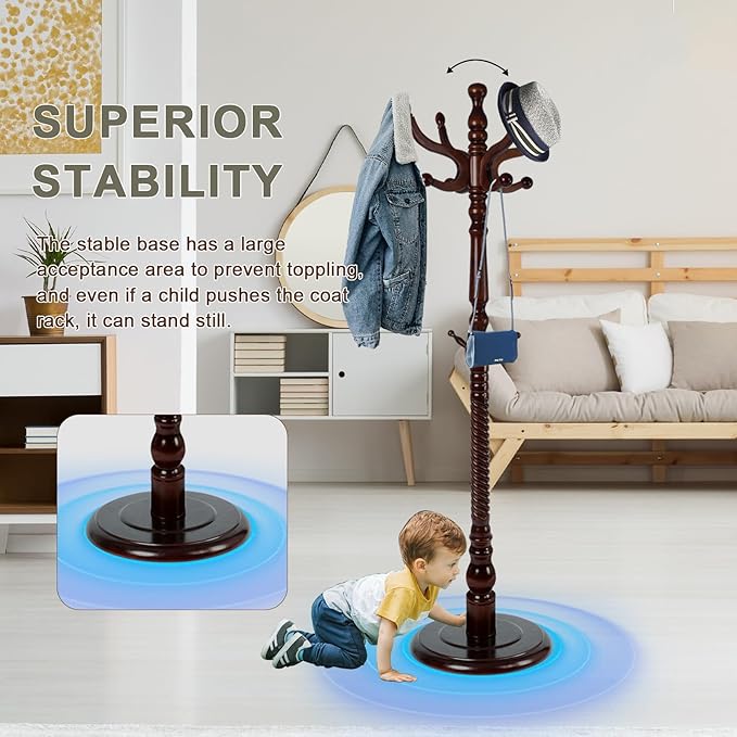 Wooden coat rack stand, Heavy duty coat racks tree freestanding with 11 Hooks and Sturdy Round Base, Coat tree for jacket,Hats, Bags, Purses, clothes (Round base-Dark brown)