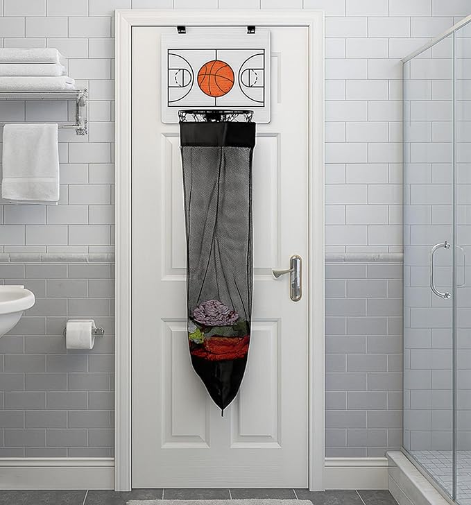 Oversized Basketball Laundry Hamper with Wooden Backboard – Over the Door Basketball Hoop Laundry Basket for Dirty Clothes, Boys Room Organizer & Fun Clothes Hamper (White)