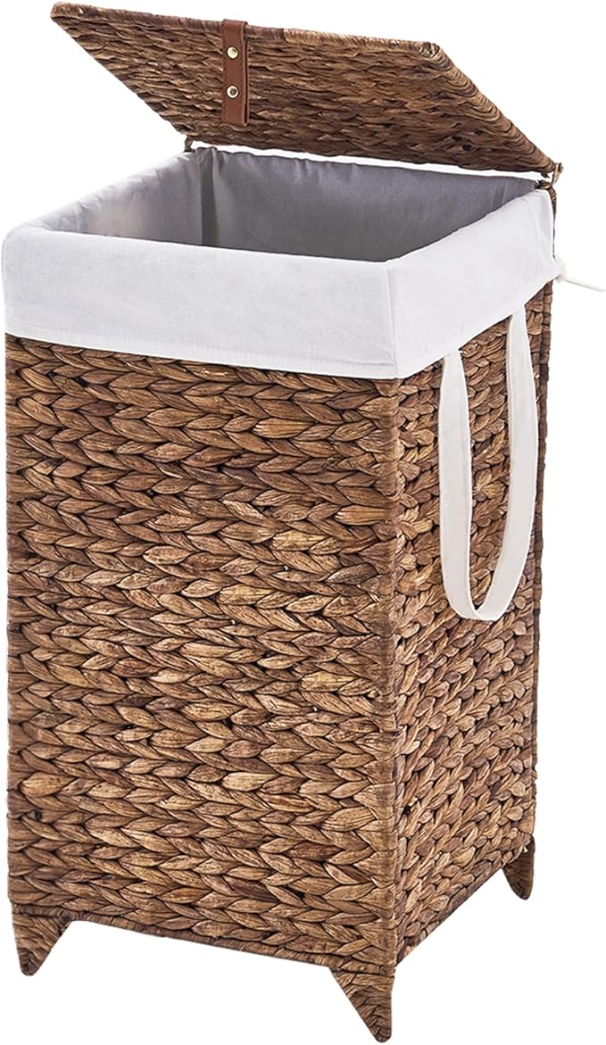 Handwoven Laundry Hamper with Lid, Natural Hyacinth Heightened Feet Laundry Basket, Wicker Clothes Hamper with Removable Liner Bag (Espresso-A, 65L)