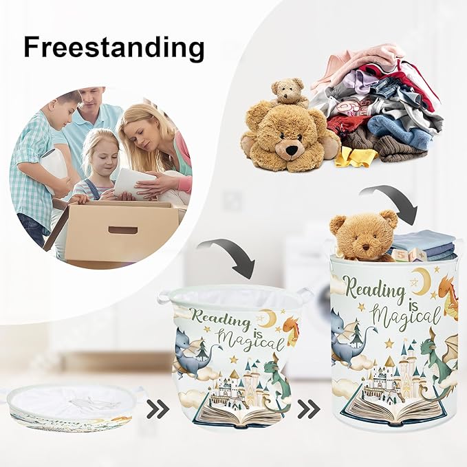 Dinosaur Laundry Hamper Large Storage Basket Cartoon Dino Collapsible Parents Organizer Kids Toy Clothes Bins for Bedroom, Bathroom, Magic Books, 63L