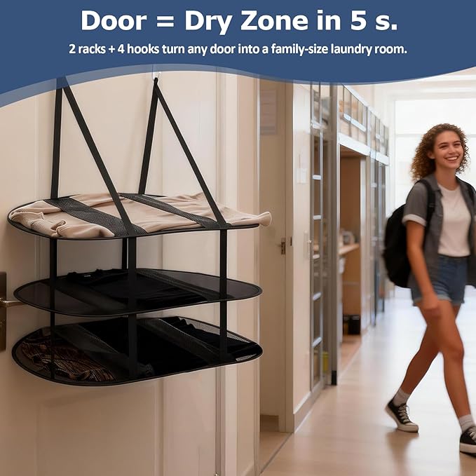2Pcs Over The Door Drying Rack with 4 Hooks,3 Tier Sweater Drying Rack with Fixed Webbing,Large Folding Mesh Clothes Drying Rack for Dorms,Bathrooms and Bedroom(Black)