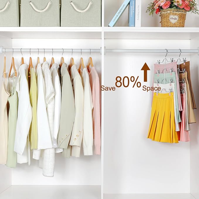 TOPIA HANGER 4 Tier Metal Skirt Hangers for Women, Pants Hanger Space Saving with Adjustable Clips, Gain 70% More Space, Non Slip Grip for Slacks, Trousers, Shorts, Jeans, Towels, Pink, 2-Pack, CT20P