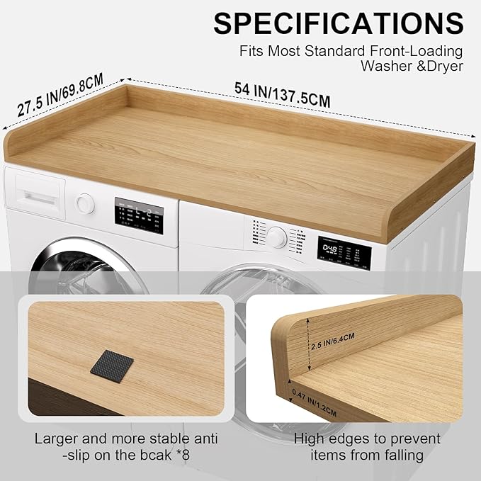 Washer Dryer Countertop, 27.5 x 54 Inch Washer and Dryer Countertop for Laundry Room Organization with Edge Wooden, Oak