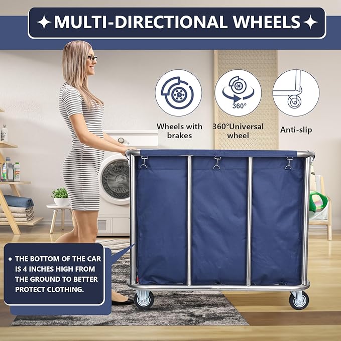 Commercial Laundry Cart with Wheels - Industrial Grade, Heavy Duty, Large Laundromat Cart 440-pound Weight Capacity, 400L Volume