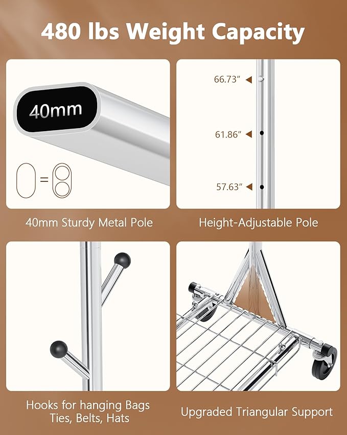 Hoctieon 1-Minute Assembly Clothes Rack, 480 lbs Heavy Duty Rolling Clothing Racks with Wheels, Foldable Garment Rack, Extendable Hanging Bar, Adjustable Metal Pole with Hooks, Chrome