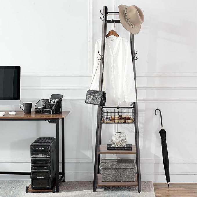 VECELO Industrial Coat Rack,Enterway Clothes Stand with 2 Tier Storage Shelves and Metal Basket,Upgrade Hall Trees with 8 Dual Hooks,Antique Brown