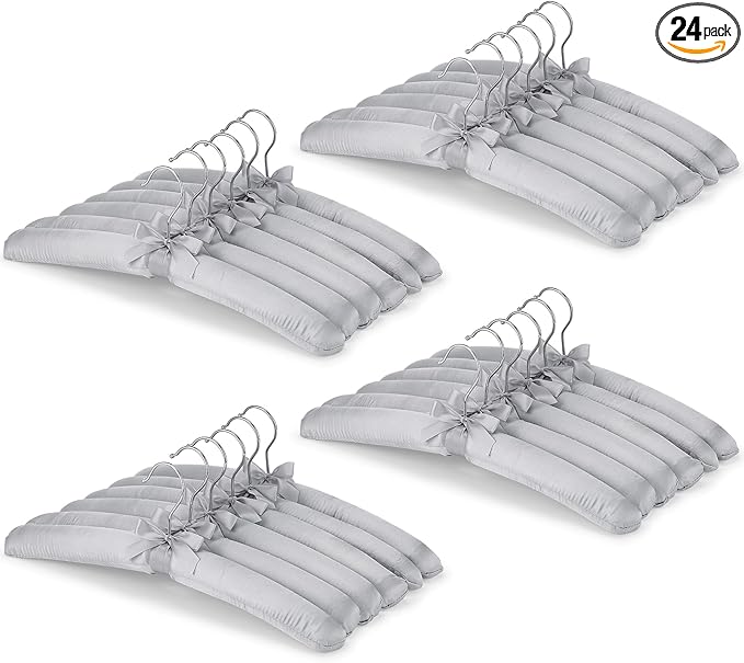 Jetec 24 Pieces Satin Padded Hangers with 360° Swiveling Hook Sponge Shoulder Pads Hanger for Coat, Sweaters, Blouse, Wedding Dress, Women Cloths (Grey)