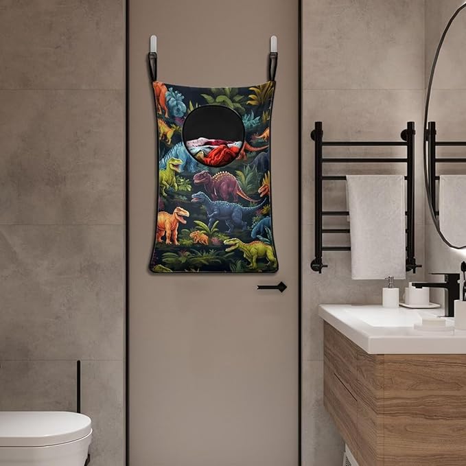 ZFRXIGN Dinosaur Hanging Hamper Laundry Bag Vintage Floral Laundry Baskets Over Door Laundry Hamper Space Saving Storage Organizers Colorful Dirty Clothes Hampers Reusable