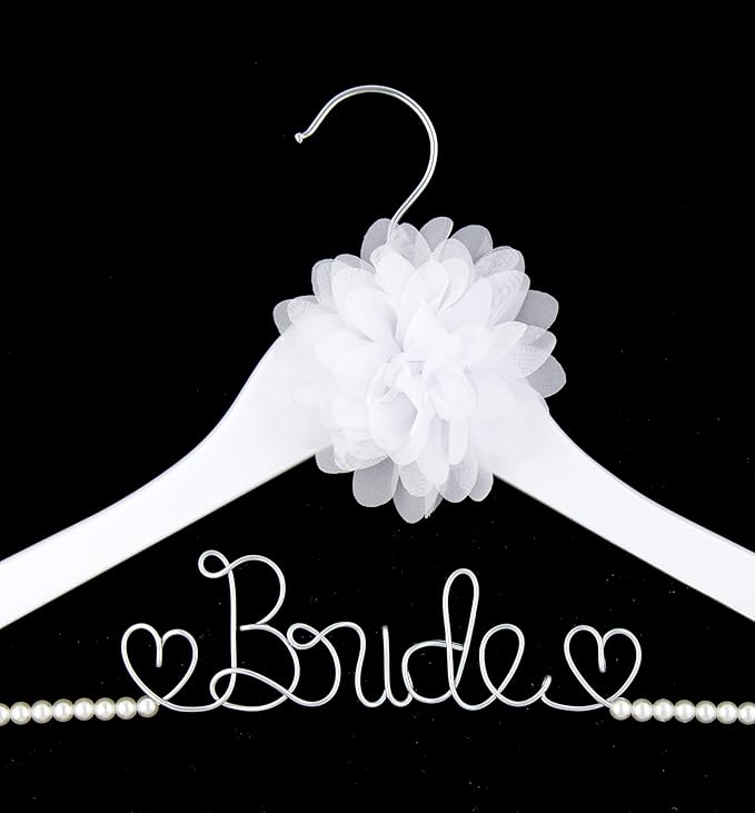 Bride to Be Wedding Dress Hanger Wooden and Wire Hangers for Brides Gowns, Dresses (White with Pearl Strand and Flower)