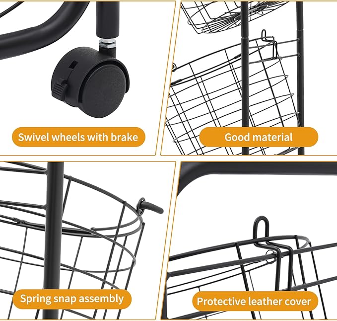 3-layer Standing Clothing Sorting Laundry Basket,Dirty Clothes Basket Rack with Wheels, Durable Removable Iron Wire Metal Classification Storage Rack for Sort and Store Dirty Towels, Bedding, Black