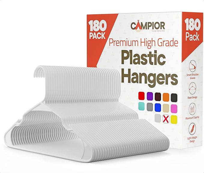 White Plastic Hangers 180 Pack– Heavy-Duty Plastic Hangers Slim and Space-Saving, Durable and Lightweight PP with Non-Slip Shoulder Notches for Slip Dresses, Suits, Jackets & Camisoles