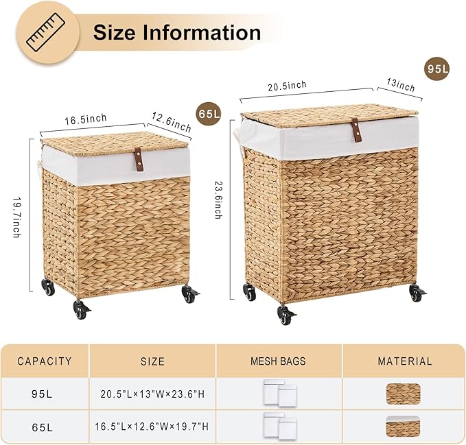 Handwoven Laundry Hamper with Wheels, Natural Water Hyacinth Rolling Laundry Basket with Lid and Removable Liner, Durable and Stylish for Bedroom, Bathroom, Laundry Room (Natural, 65L)