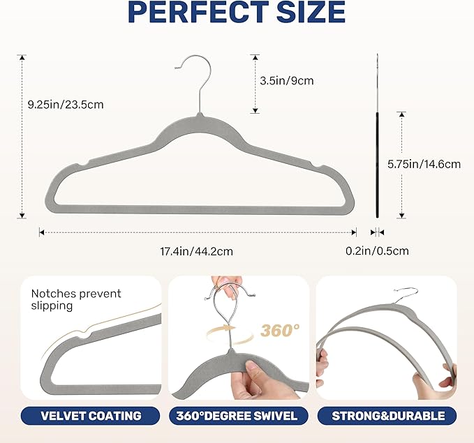YSSOA 70 Packs Velvet Hangers, Non Slip Space Saving Suit Hangers, Heavy Duty Clothes Hangers with 360° Rotatable Hook for Coats, Pants, Grey