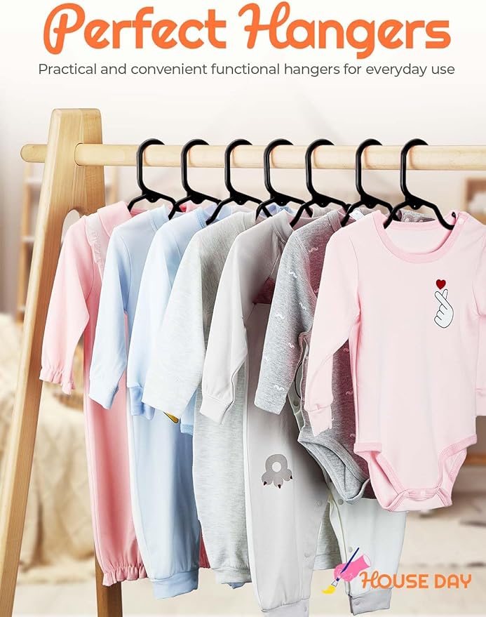 HOUSE DAY Premium Baby Hangers 120 Pack, 11 Inch Kids Plastic Hangers Black, Slim Childrens Hanger for Infant, Toddler, Child Clothes, Non-Slip Sturdy and Durable Baby Clothes Hanger for Closet