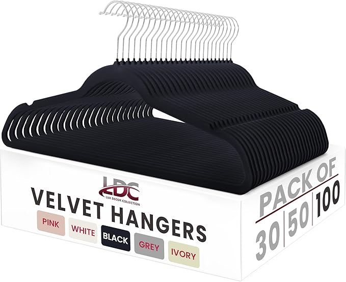 LDC Black Velvet Hangers 100 Pack - Premium Non-Slip Clothes Coat Pants Felt Hanger for Closet - Heavy Duty Space Saving 360° Swivel Hook Hangars – Black