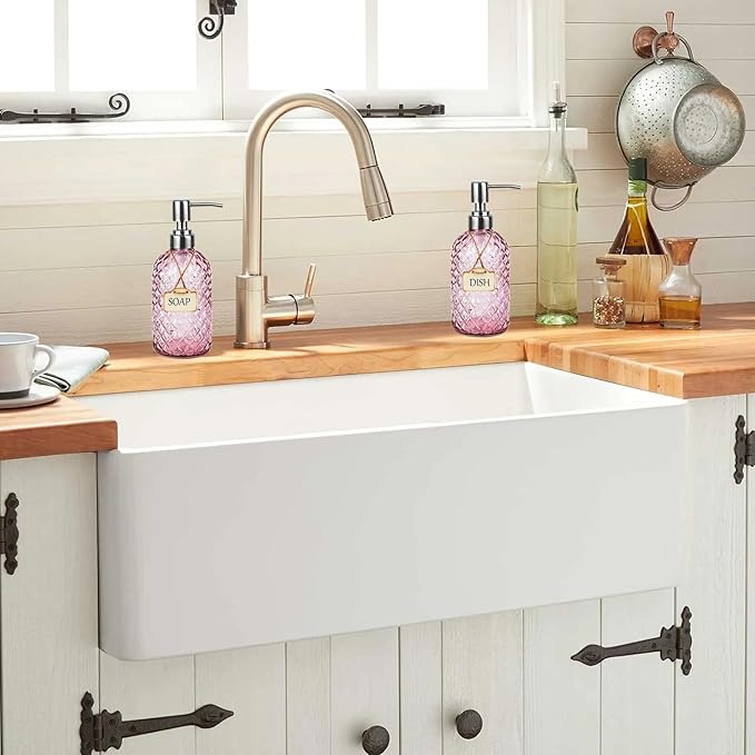 Funly mee Bathroom & Kitchen Glass Hand and Dish Soap Dispenser with 304 Rustproof Stainless Steel Pump (Pink-2pack)