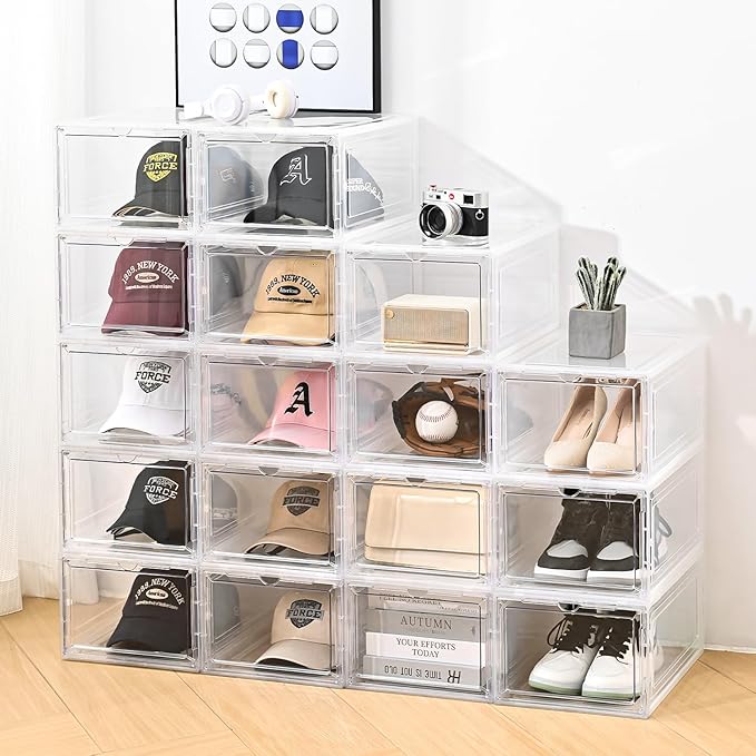 Hat Organizer Box,Stackable Clear Baseball Caps Holder Box Containers with Magnetic Door for Hats Snapback Cap Storage,Clear Hat Storage with Magnetic Door, Holds 20 Hats(clear, 2 pack)