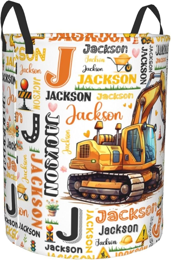 Personalized Excavator Laundry Basket For Baby Kids Boys Girls Adult Custom Hamper Basket With Name For Bathroom Bedrooms Collapsible Baby Laundry Basket, Dirty Clothes Hamper With Handles