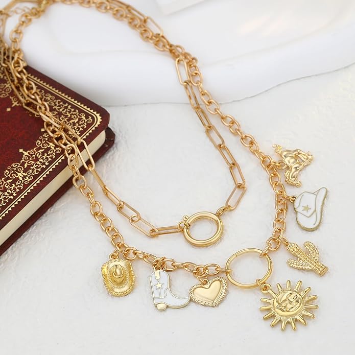 Chunky Gold Necklace for Women Gold Evil Eye Cowboy Pendant Necklace Dainty Paperclip Chain Vintage Luck Amulet Choker Necklaces Celestial Jewelry Gift