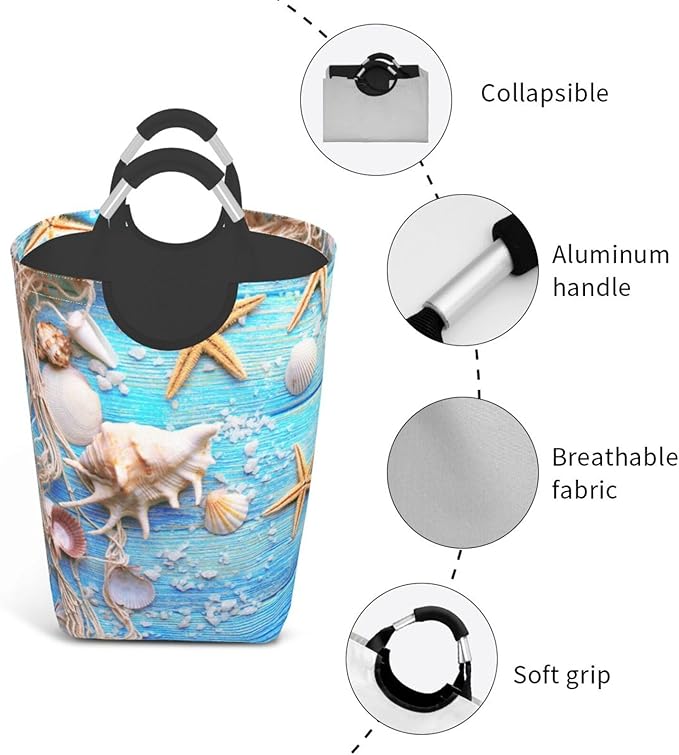 Beach Wooden Starfish Laundry Basket Seashell Laundry Hamper Blue Collapsible Baskets with Handle Laundry Bag Dirty Clothes Hamper Bag for Dorm Family Bathroom Decor Storage 50L