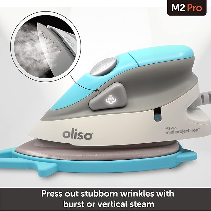 oliso M2Pro Mini Steam Iron with Solemate® – 1000 Watt Dual Voltage Travel Iron for Sewing, Quilting, and Crafting – Ceramic Soleplate, Precision Tip – Turquoise