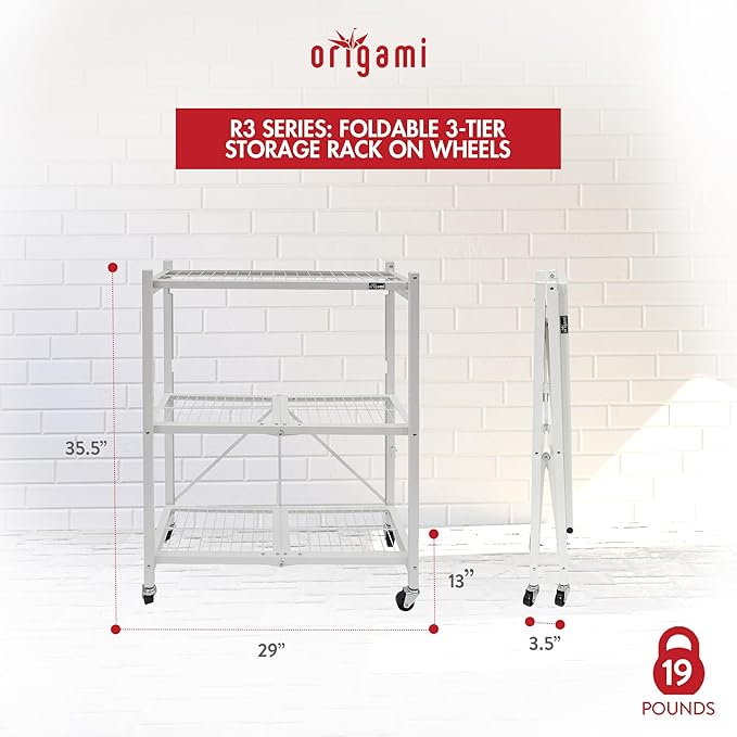 Origami 4-Pack General Purpose Foldable 3-Tier Shelf Storage Rack & Wheels, R3, White