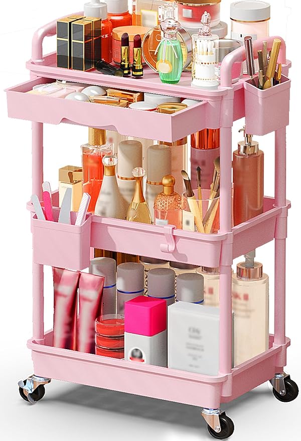 Makeup Cart Organizer with Drawers, Floor Skincare Organizers Vanity Storage Organizer, Rolling Makeup Bathroom Storage Cart Cosmetics Display Cases for Skin Care Perfume Nail Polish, Pink