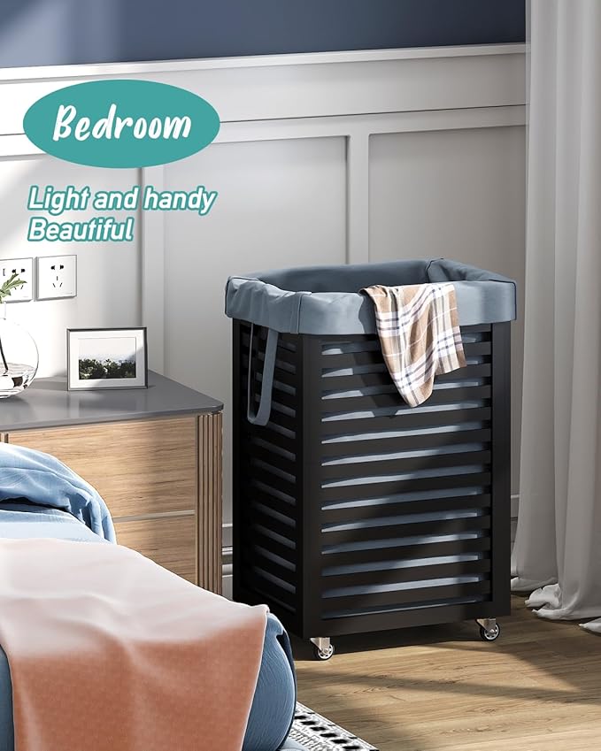 Black Laundry Hamper, Laundry Hamper with Wheels, 22.7 Gallon (86L) Bamboo Wood Clothes Laundry Basket with Handles, Removable Liner
