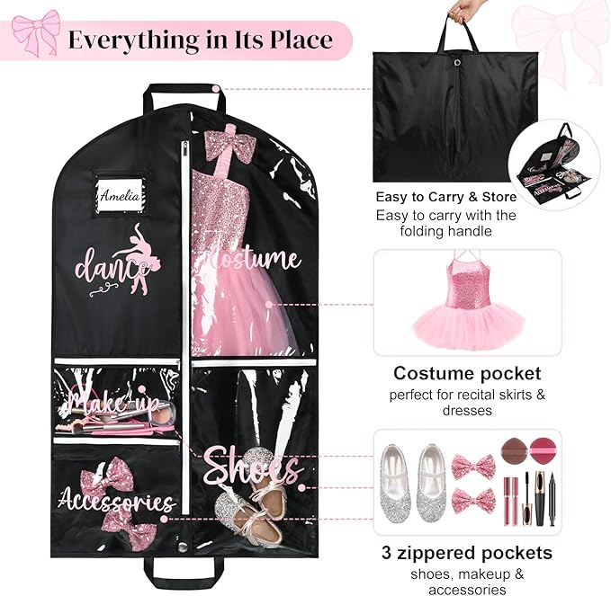 DEEKA Dance Garment Bag for Hanging Clothes with Zipper Pockets Dance Accessories Essentials Uniform Costume 40 Inch Dress Bags for Dance Competition Girls (Black,Pink-Dance)
