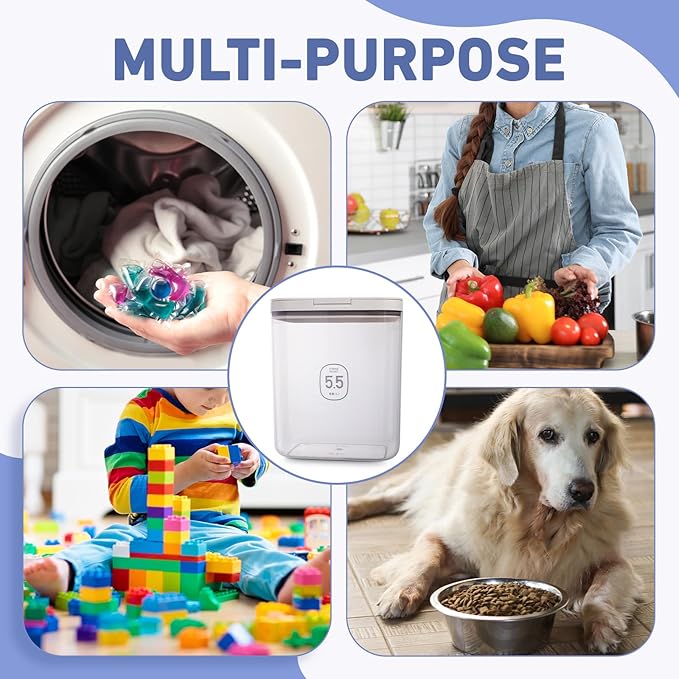 Large Capacity Laundry Powder Container With Pop-Up Lid, 5.5L Detergent Holder for Laundry Pods and Airtight Dishwasher Pod, Storage Container for Dry Food, Rice Flour with Scoop and Measuring Cup