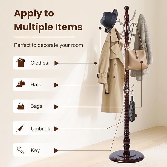Freestanding Coat Rack with 14 Hooks, Sturdy Wooden Hall Tree for Entryway, Heavy-Duty Disc Base,for Hanging Hats, Jackets, Bags, Easy Assembly for Bedroom, Hallway, Office