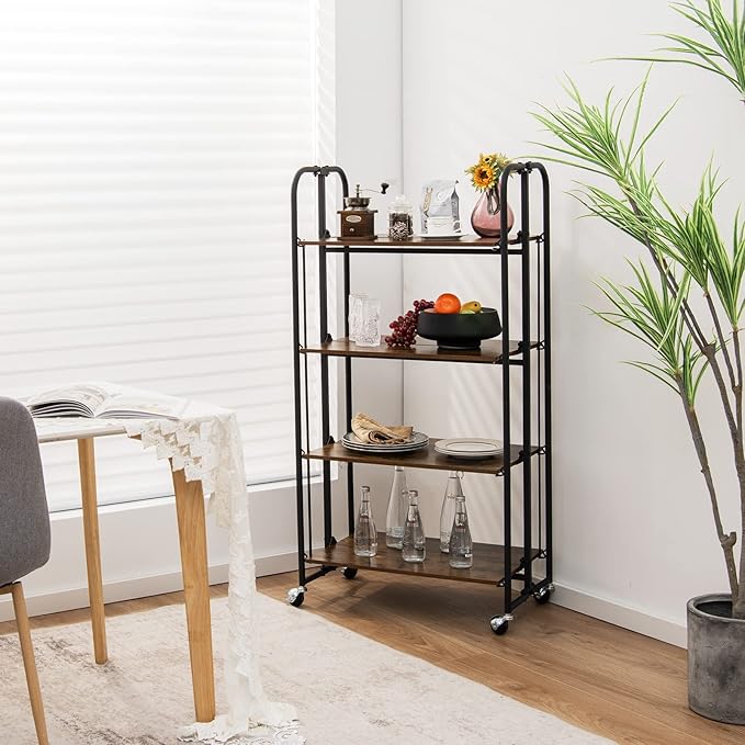 Giantex Foldable Storage Shelves with Wheels, No Assembly 4-Tier Rolling Cart, 2 of The Wheels Have Locks, Microwave Utility Cart Baker Rack, Portable Storage Rack w/Metal Frame, for Kitchen, RV
