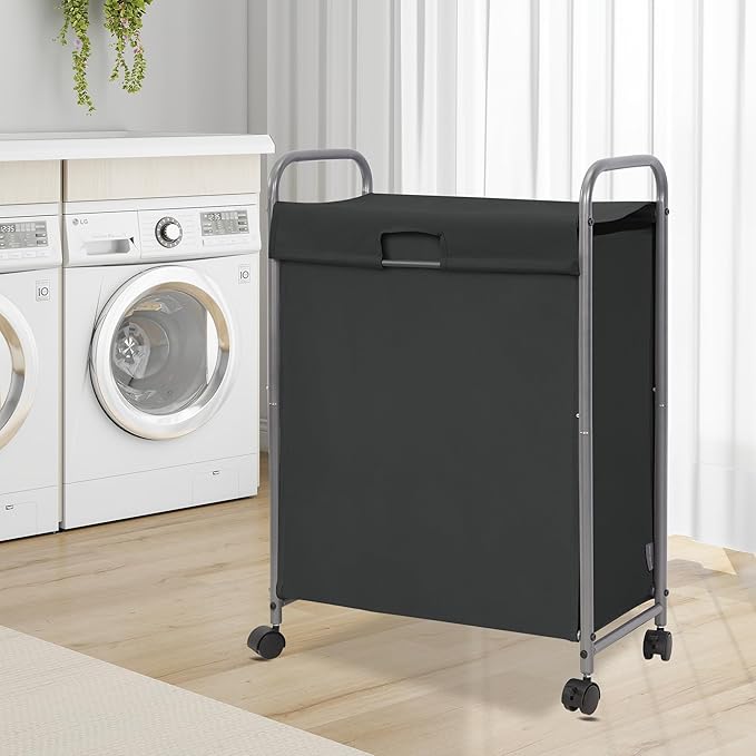 Rolling Laundry Hamper with Lid, 85L Slim Laundry Sorter with Wheels, Laundry Basket with Lid, Dirty Cloth Laundry Cart Organizer Storage for Small Place Bathroom, Bedroom, Black