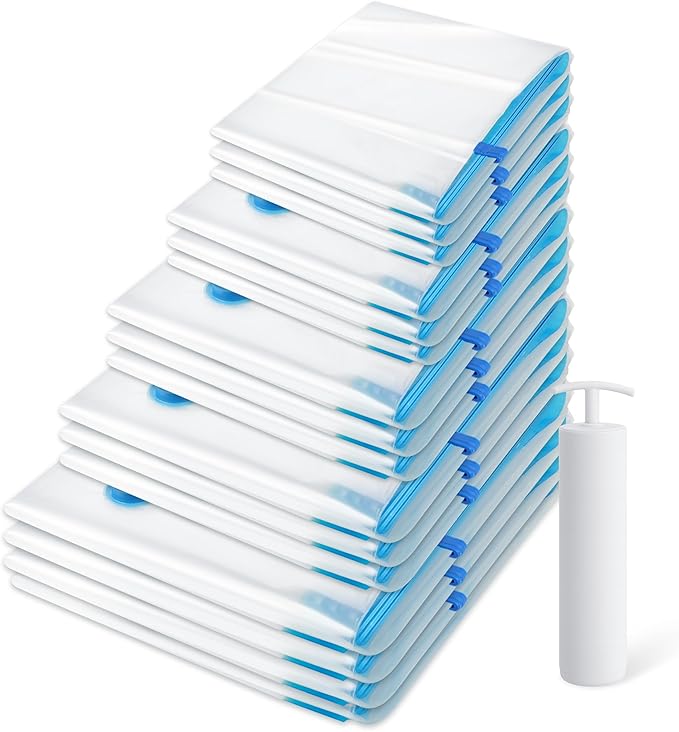 15 Pack Vacuum Storage Bags，Space Saver Bags(3 Jumbo/3 Large/3 Medium/3 Small/3 Roll),Compression for Comforters and Blankets, Sealer Clothes Storage, Hand Pump Included