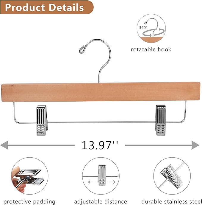 Wooden Pants Hangers, Solid Wood Bottom Jeans Skirt Hanger with 2-Adjustable Clips Anti Rust Hook Pack of 10 (Natural)-HL01NP