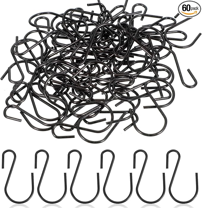 60 Pcs S Hooks for Hanging, 1 Inch Metal Hanging Hook S Shaped Metal Hook, Hanger Connector Hooks Ornament for Hang Jewelry Small Kitchenware Potted Plants(Black)