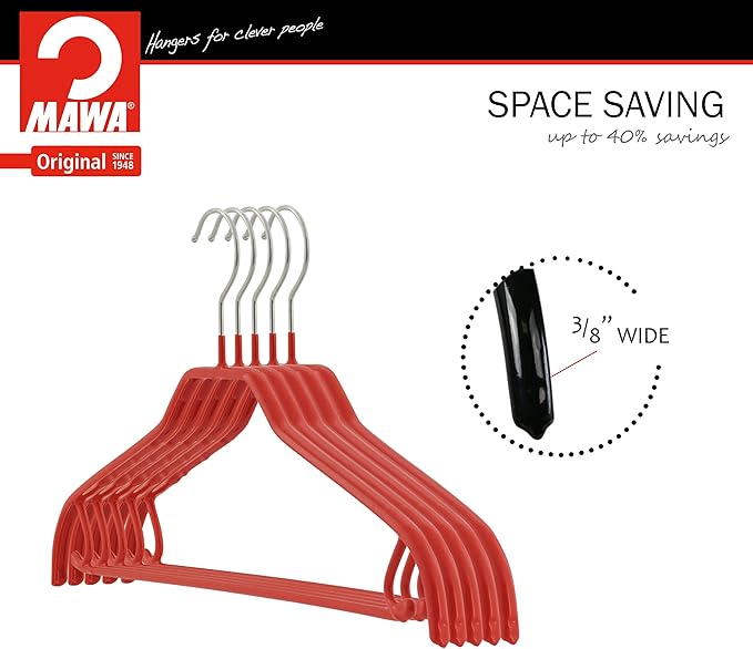 MAWA by Reston Lloyd Silhouette Series Non-Slip Space Saving Clothes Hanger with Bar & Hook for Pants and Skirts, Style 41/FRS, Set of 5, Red