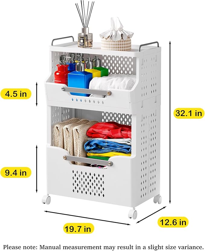 Laundry Basket with Wheels,Folding Laundry Hamper,utility cart,Kitchen storage Cart,Stackable Laundry Basket Holder,Rolling Dirty Clothes Hamper,Plastic laundry room organization (2 Large-Tier)