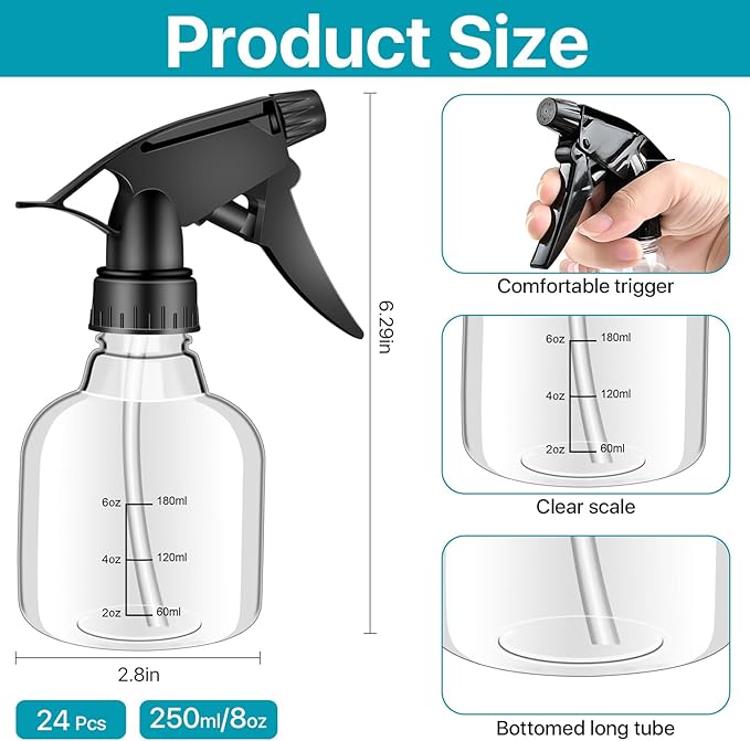 24 Pack 8 oz Small Spray Bottle, Refillable Empty Spray Bottles with Measurement and Adjustable Nozzle, Spray Bottle for Hair, Cleaning, Plants, Kitchen, Bathroom, Salon & Home Use