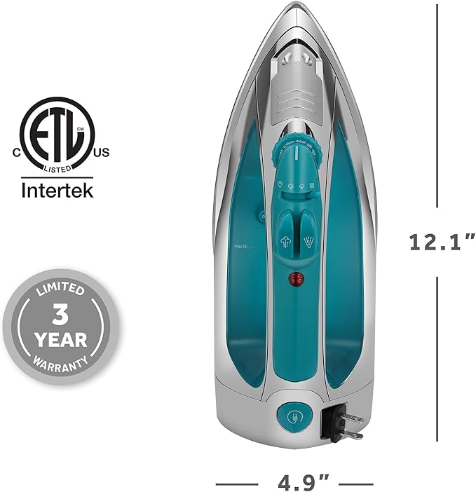 Sunbeam Turbo Steam Iron 1400W Quick Heat Stainless Steel Soleplate Shot of Steam Horizontal and Vertical 3 Way Auto Off 240ml Water Tank White Teal