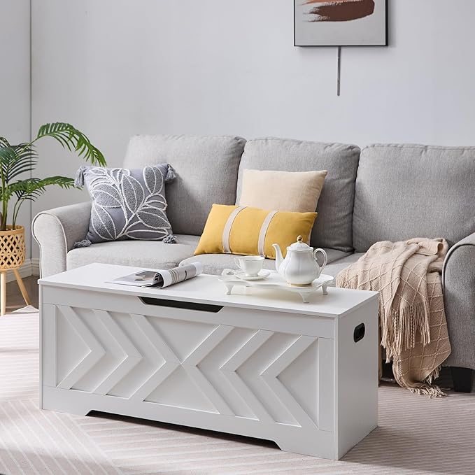 47.2” Storage Bench,Extra Large Wooden Storage Chest with 2 Safety Hinges,entryway Bench,Blanket Storage,Shoe Storage Bench for Entryway,Bedroom,Living Room,Easy Assembly. (White, 47.2x15.7x19)