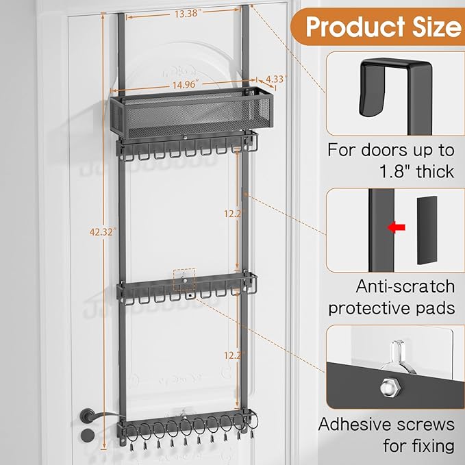 3 Tier Over Door Hat Rack with Basket - Hat Organizer Holder for Baseball Cap with 18 Hooks and 10 Movable Clips,Hat Hanger Storage Holds up to 28+ Caps for Door, Bedroom, Closet (Black)