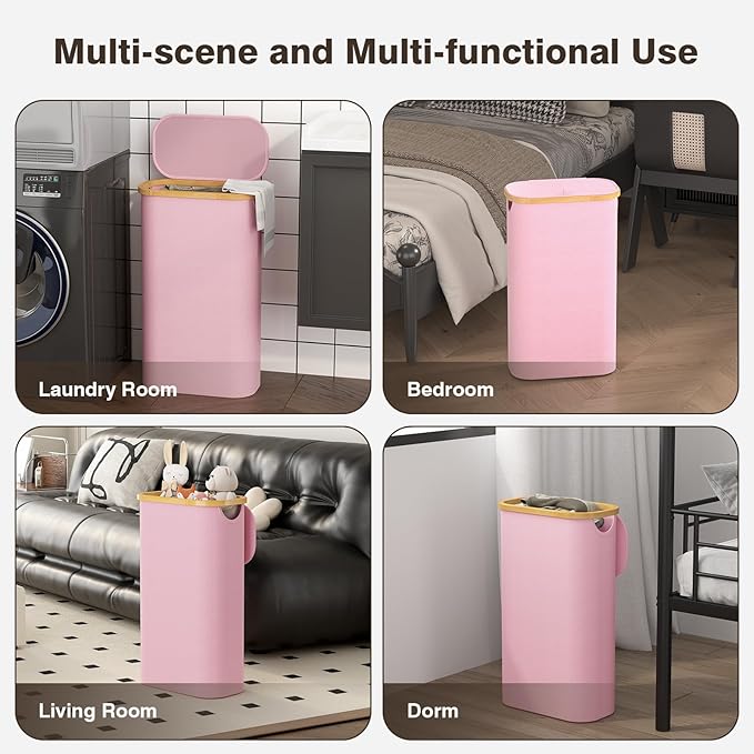 75L Slim Laundry Hamper with Lid, Dirty Clothes Hampers for Laundry, Collapsible Laundry Baskets for Small Spaces, Bedroom, Bathroom, Laundry Room, Pink